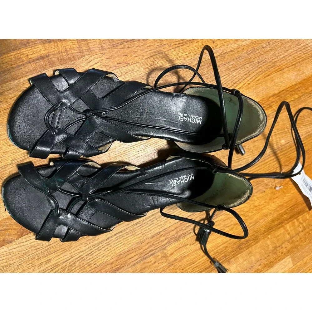 Michael Kors Womens Black Leather Lace Up Gladiator Flat Sandals Size 9M